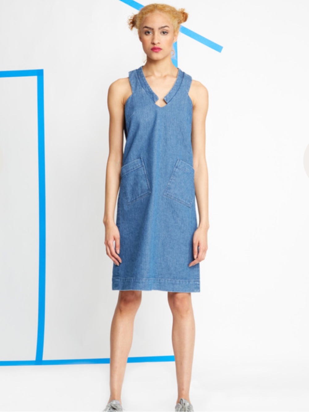 Carleen Diamond Neck Blue Denim Dress Small Sleeveless Cotton Casual